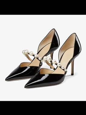 Elegant Black Patent Leather Pearl Strap Pumps Pointed-Toe Heels NEW